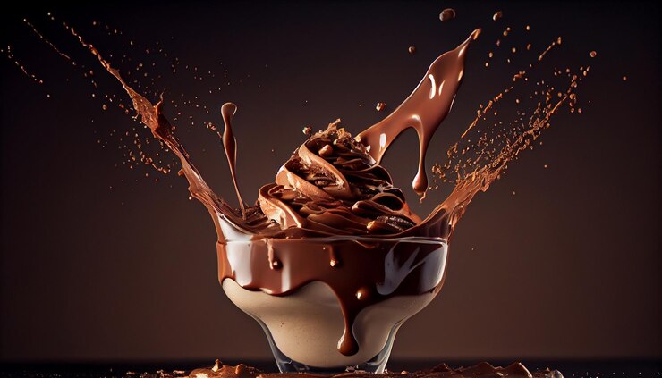 Salpicaduras de chocolate en un vaso con helado sobre un fondo oscuro generativo ai