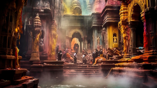 Foto las salpicaduras de color para holi en el templo templo tradicional templo antiguo templo moderno