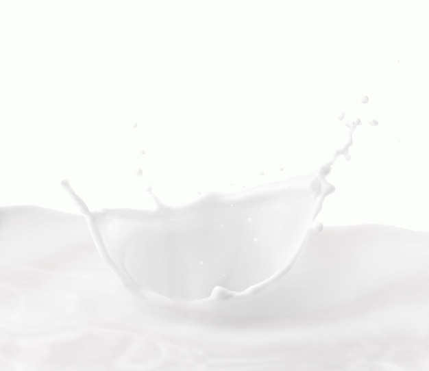 Las salpicaduras de la corona de leche en la piscina de leche con fondo blanco