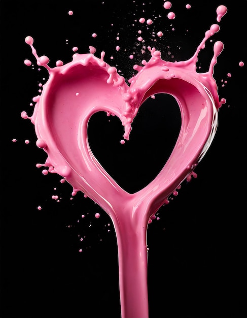 Foto salpicaduras de crema de jugo rosa en forma de forma de corazón aislado en fondo negro día de san valentín