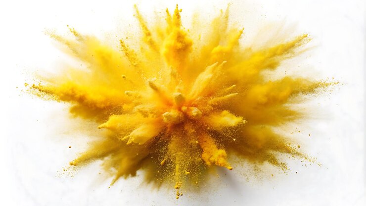 Foto salpicaduras de pó amarelo sobre fundo branco
