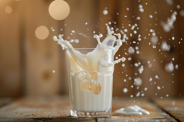 Salpicaduras dinámicas de leche en un vaso sobre una mesa de madera
