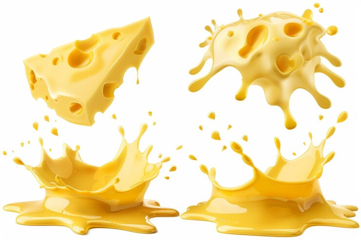 Salpicaduras dinámicas de queso derretido y un bloque de queso suizo con agujeros