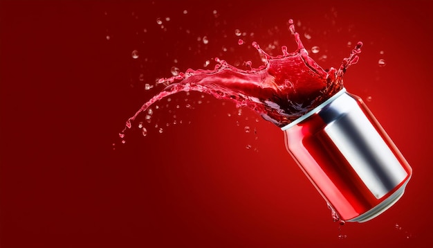 salpicaduras explosivas de líquido rojo de una lata de refresco en un fondo rojo