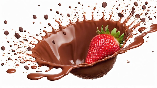 Salpicaduras de fresa en chocolate con leche aisladas en fondo blanco