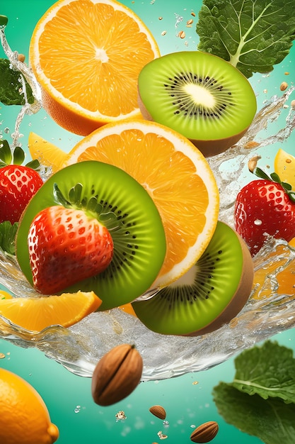Salpicaduras de frutas frescas en agua Orangekiwistrawberry y nueces en salpicaduras de agua
