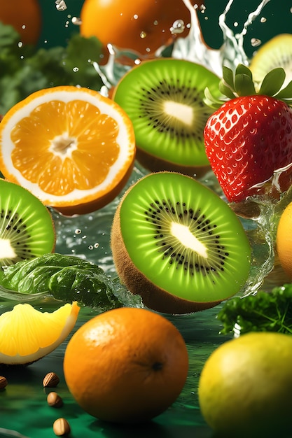 Salpicaduras de frutas frescas en agua Orangekiwistrawberry y nueces en salpicaduras de agua