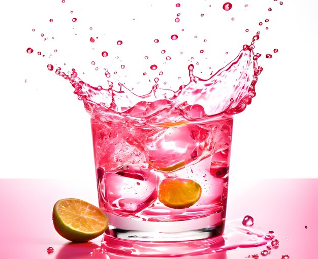 Salpicaduras de ginebra rosa con gotas en un fondo claro