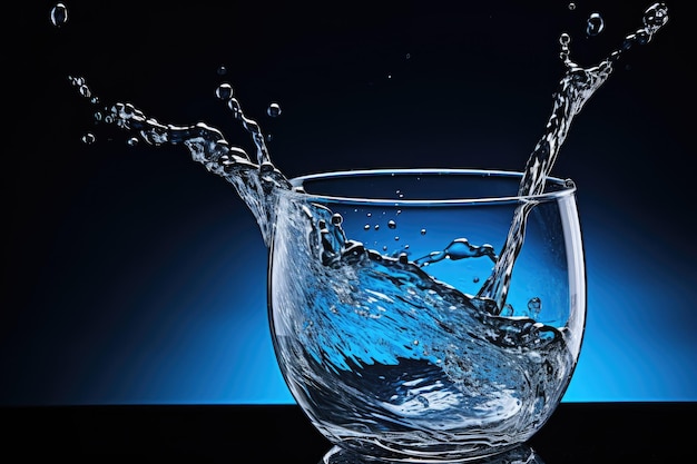 Salpicaduras de gota de agua en un vaso de color azul