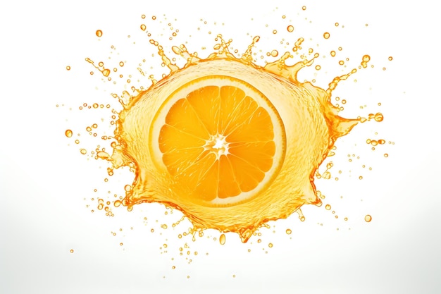Las salpicaduras de jugo de naranja en círculo sobre un fondo blanco