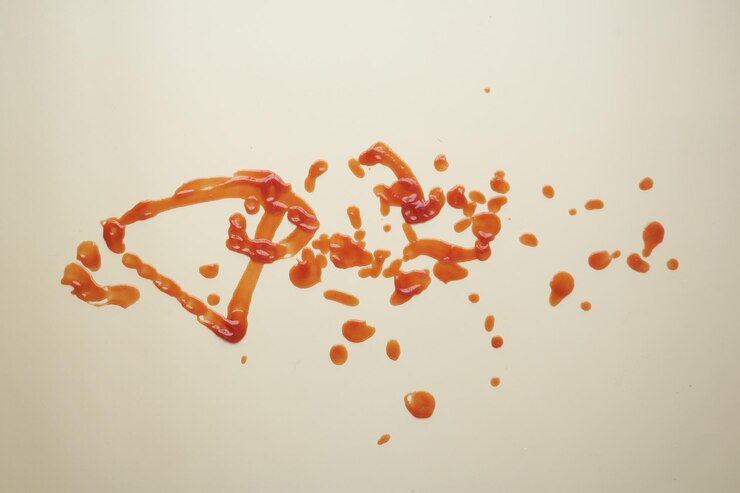 Foto salpicaduras de ketchup rojo sobre fondo púrpura textura de puré de tomate