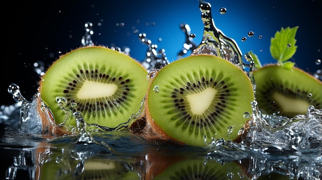 Salpicaduras de kiwi sobre fondo azul