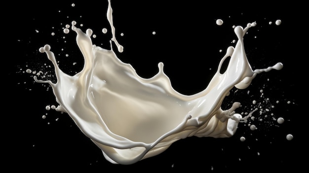 Salpicaduras de leche blanca aisladas sobre fondo negro Salpicaduras de líquido blanco
