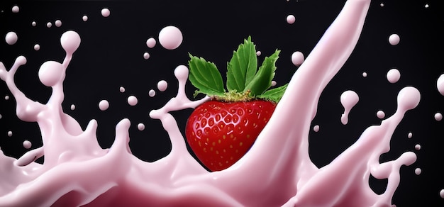 Salpicaduras de leche de fresa con fresa aislado sobre fondo negro