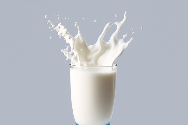 Foto salpicaduras de leche fresca. verter leche en un vaso de leche creando salpicaduras sobre un fondo blanco.