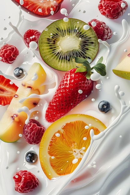 Foto salpicaduras de leche con frutas ia generativa