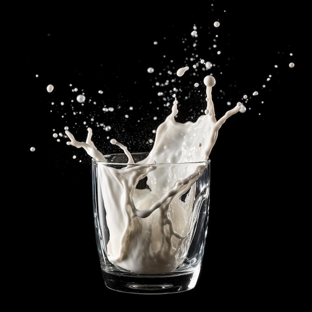 Salpicaduras de leche generativa AI sobre fondo negro
