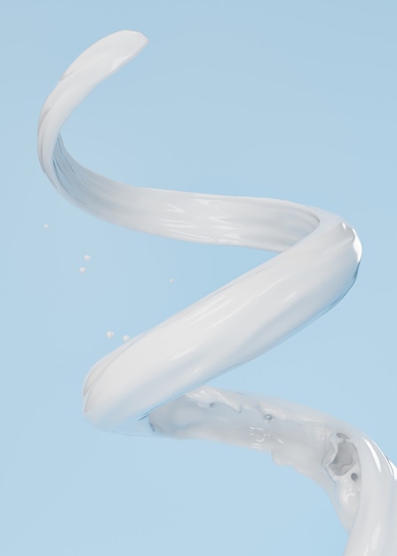 Foto salpicaduras de leche o yogur, chorro en espiral de leche, salpicaduras blancas, renderizado 3d.