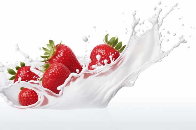 Salpicaduras de leche o yogur con fresas aisladas sobre fondo blanco representación 3d