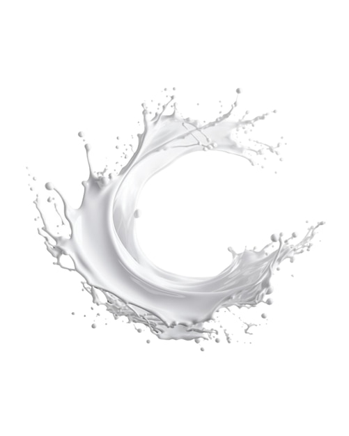 salpicaduras de leche de onda blanca con salpicaduras y gotas aisladas en un círculo de fondo transparente leche