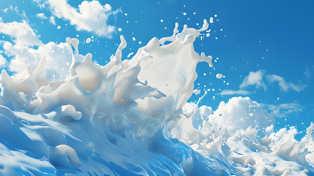 Salpicaduras de leche sobre el fondo del cielo azul