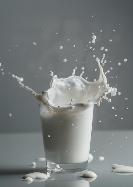 salpicaduras de leche en un vaso sobre el fondo gris