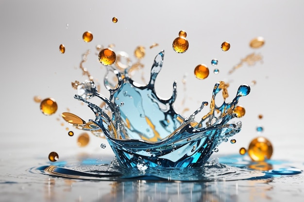 Salpicaduras de líquido con gotas sobre fondo blanco