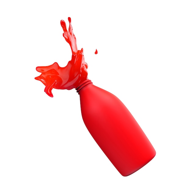 Salpicaduras de líquido o pintura de una botella opaca roja aislada sobre fondo blanco.