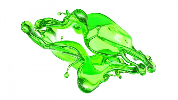 Foto salpicaduras de líquido transparente de color verde sobre fondo blanco. representación 3d
