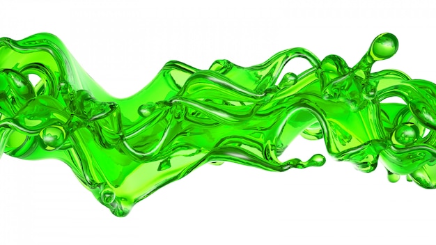 Salpicaduras de líquido transparente de color verde sobre fondo blanco. Representación 3d