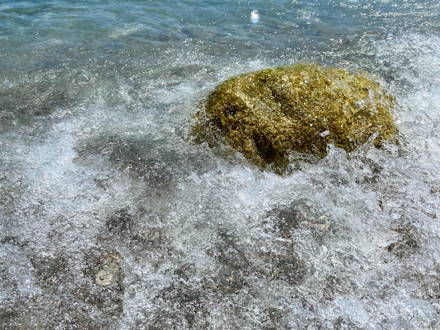 Salpicaduras de las olas chocando contra la orilla rocosa