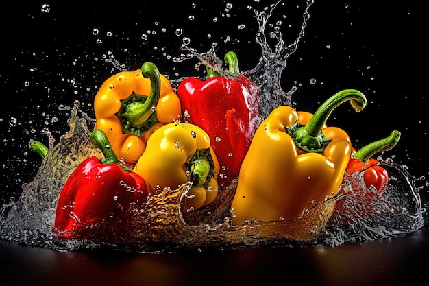 Salpicaduras de pimentón en agua sobre fondo negro Capsicum annuum pimiento