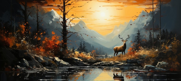 Salpicaduras de pintura brillante en el bosque de montaña de lienzo Paisaje con sol dorado y ciervo dorado