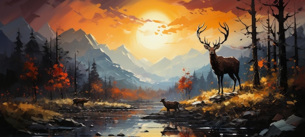 Salpicaduras de pintura brillante en el lienzo bosque de montaña Paisaje con sol dorado y ciervos dorados