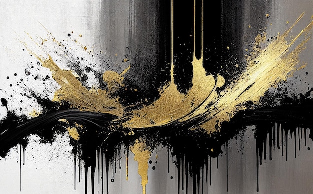 Salpicaduras de pintura brillante en el lienzoColores dorados, negros y grises Pintura interior Fondo hermoso IA generativa