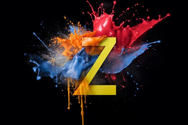 Foto salpicaduras de pintura en colores primarios logo letra z cayendo en el centro
