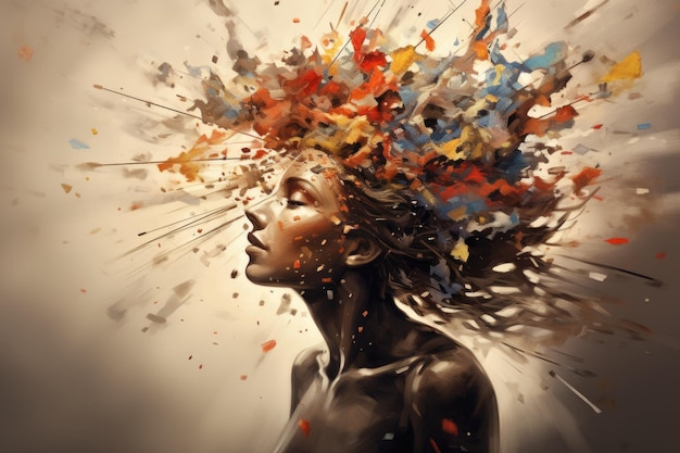 Salpicaduras de pintura colorida adornan la cabeza de una mujer en una pintura llamativa Una imagen abstracta de pensamientos que explotan en una mente creativa generada por IA