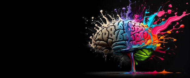 Salpicaduras de pintura colorida del cerebro humano y gotas generadas por IA