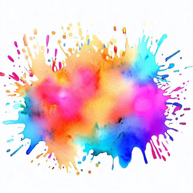 Salpicaduras de pintura colorida y explosión de salpicaduras de tinta de polvo coloreado sobre fondo blanco