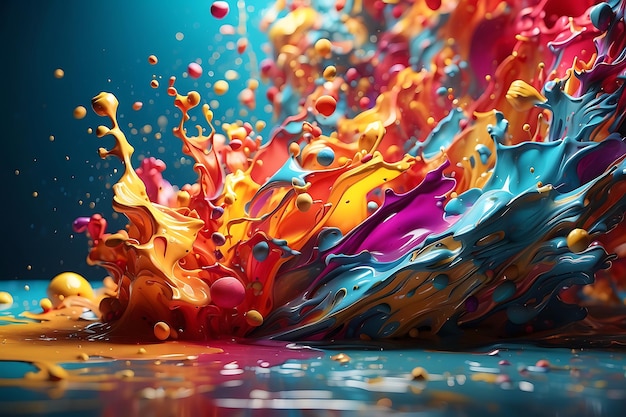 Las salpicaduras de pintura coloridas en el fondo colorido renderizado en 3D