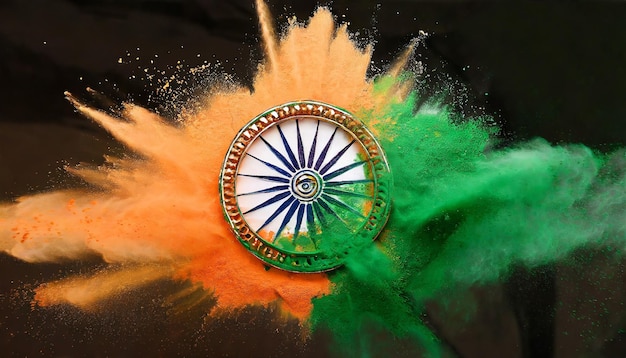Salpicaduras de polvo de color naranja y verde con la rueda Ashoka Concepto para el día de la independencia de la India
