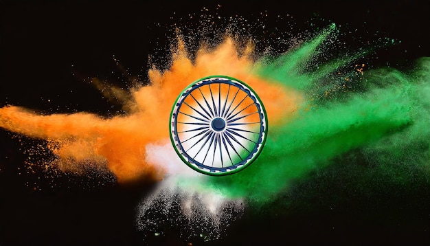 Salpicaduras de polvo de color naranja y verde con la rueda Ashoka Concepto para el día de la independencia de la India