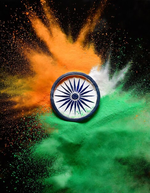 Salpicaduras de polvo de color naranja y verde con la rueda Ashoka Concepto para el día de la independencia de la India