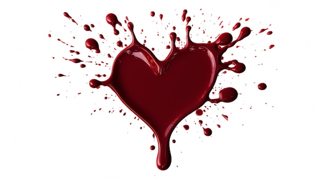 Salpicaduras de sangre en forma de corazón salpicaduras líquidas rojas sobre fondo blanco