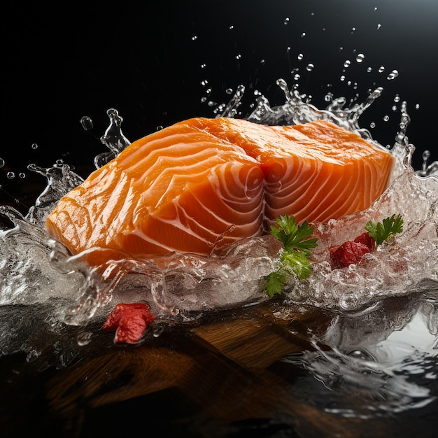 Salpicaduras de sushi japonés de salmón en agua IA generativa