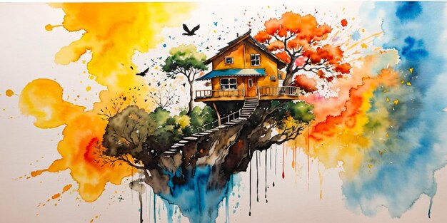 Salpicaduras de tinta acuarela arte abstracto ilustración pintura sol montaña árbol casa pájaro volador