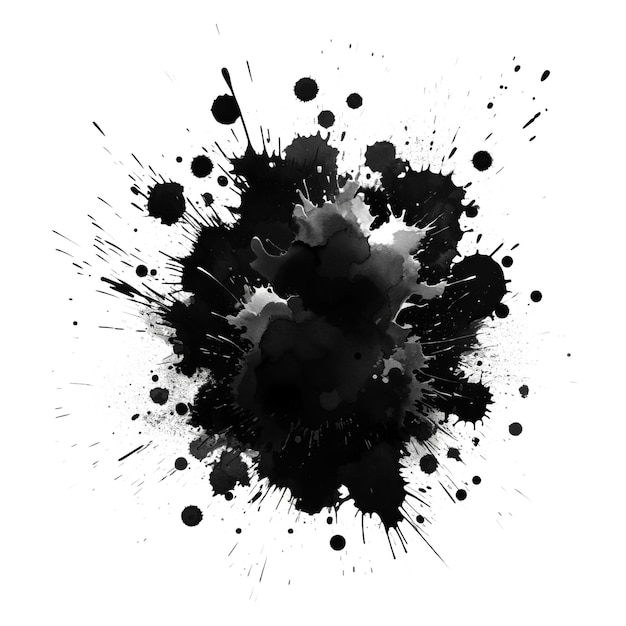 Salpicaduras de tinta negra con gotas y salpicaduras dinámicas contra un fondo blanco