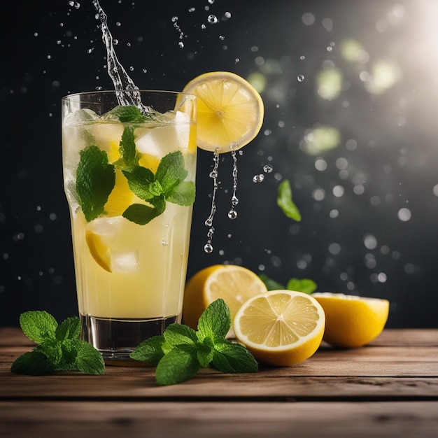 Salpicando limonada com hortelã e limões na mesa de madeira isolada em um preto