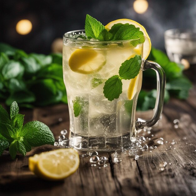 salpicando limonada com hortelã e limões na mesa de madeira isolada em um preto