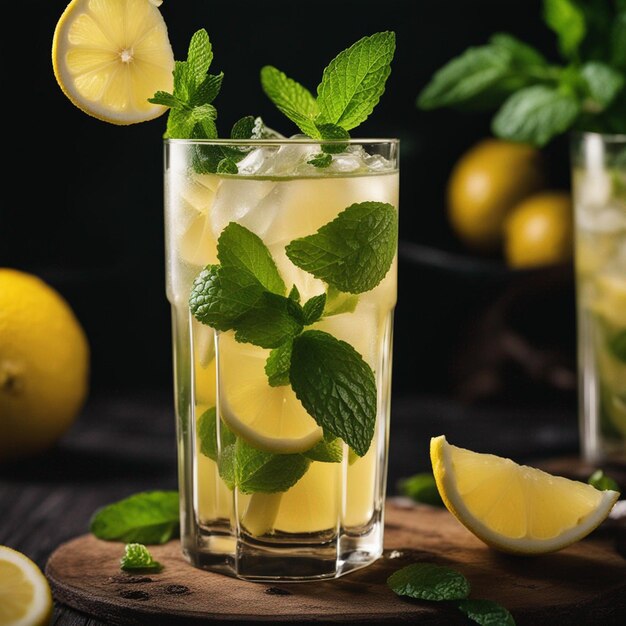 salpicando limonada con menta y limones en la mesa de madera aislada en un negro